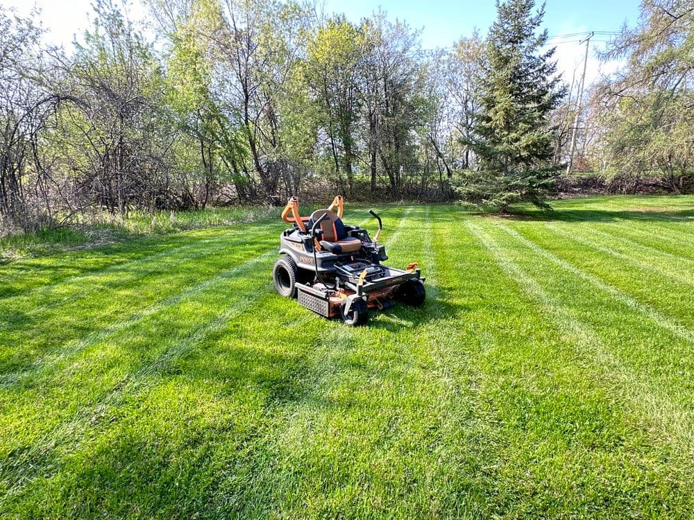 Lawn mower on freshly cut green grass in a wooded backyard setting.