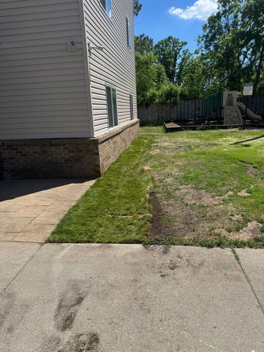 Lawn renovation beside a house, showing grass growth and bare patches in a backyard.