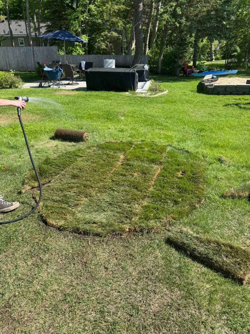 Person watering freshly laid sod on a circular patch of grass in a landscaped yard.