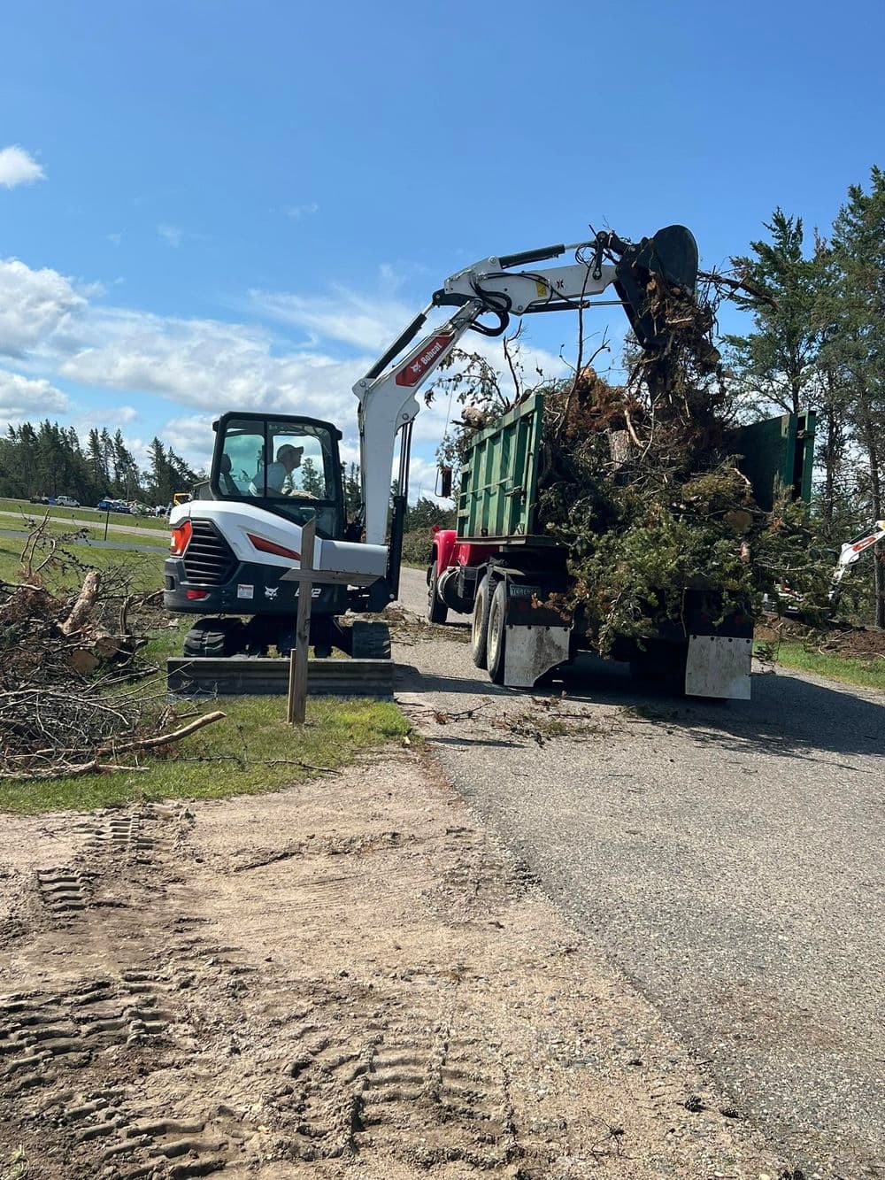 Excavator loading tree debris into a truck on a construction site.